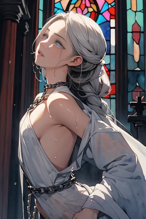 {(watercolor image:1.4),(renaissance style:1.2)}, BREAK, {erotic face,anguish,scream,(very very ecstasy:1.2),(writhing:1.4)},embarrassing,half open eye},{(very obscene pose:1.2),(arched back:1.2),(arch one's head:1.4),arms behind}, {(gray fundoshi:1.2), (wet clothes:1.4)}, BREAK, {(many Chains from all sides:1.4),(chains around the body:1.2), {(crotch chain shibari:1.2),(chain shibari:1.3),(chain bondage), (chain restraint),(chain bind limbs),(chain bind body),(chain in collar)):1.2, confinement, shackles}, BREAK, {(1 woman, small breasts), braid hair intricately},side view, {(dark church glowing stained glass:1.2)},BREAK,{glowing big tears,(enchanting eyes:1),extremely detail hair, (pure white skin:1.1)}