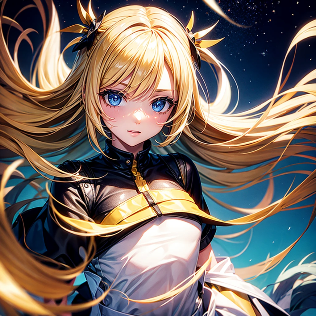 ((BEST QUALITY)), ((DETAILED)),  BLONDE HAIRED WOMAN WITH BLUE COLOR RIGHT EYE AND YELLOW COLOR LEFT EYE IN STARS