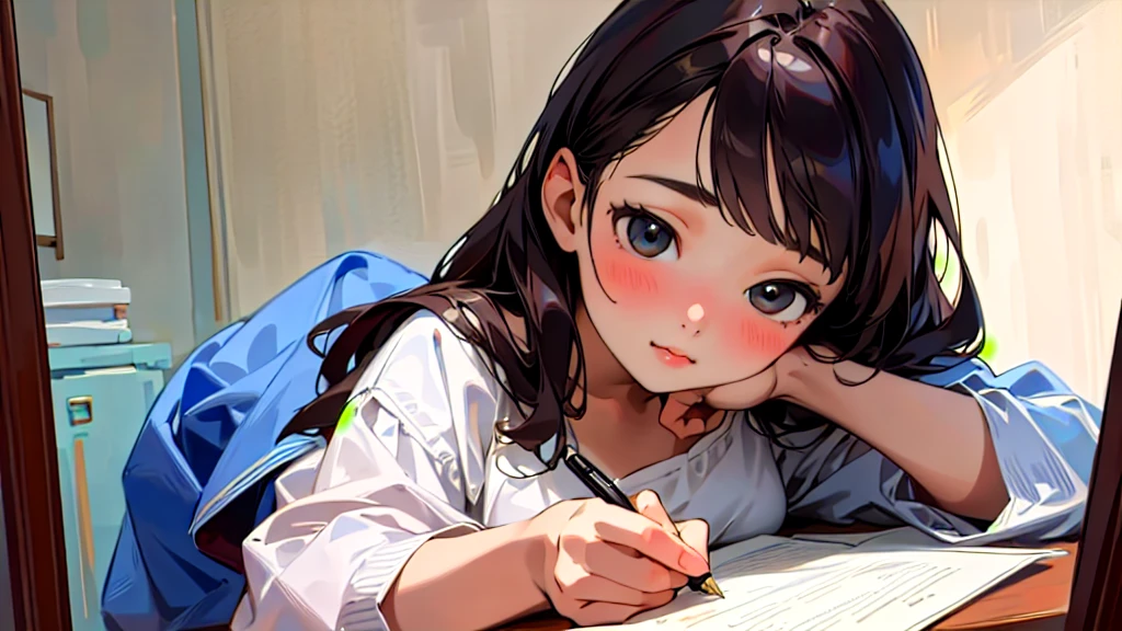 (Highest quality, masterpiece, Ultra-realistic), Beautiful and delicate15Year-old girl portrait, With a calm and gentle expression, The background is the bedroom in my own home.、I am studying hard at my desk.、Holding a pen、Cute clothes、Bust is C cup