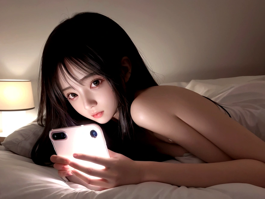 cell phone電話を手に持ち、Anime woman lying in bed looking at a screen, late night, nighttime, Beautifully illuminated, Illuminated from the side, night, cell phone電話をチェックする, Digital Enhancement, Portrait Shot, night - time, night time, Anime woman lying in bed looking at her smartphone, night-time, cell phone, Low light, The lighting is dim