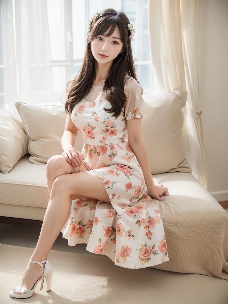little floral dress、(Highest quality)、((Very detailed))、4K、(8K)、masterpiece、Very detailedな、Highest quality、Super Resolution、1 person、Kind Face、Soft Light、RAW quality、Soft Skin、163cm、White Room:1.5、High heels、Thighs、