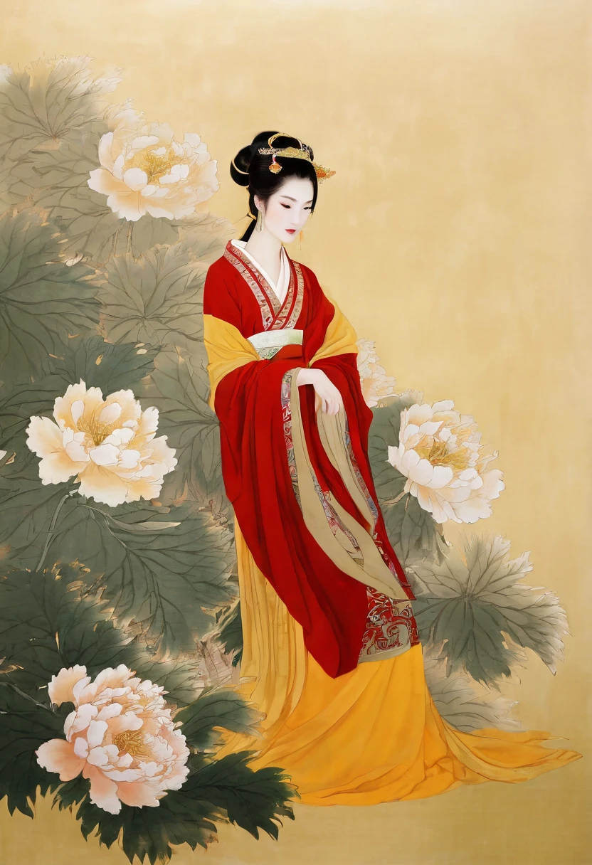 painting of a woman in a red and yellow dress and a yellow and red dress, ancient chinese beauties, ancient chinese princess, ancient asian dynasty princess, ancient china art style, chinese princess, ancient chinese goddess, traditional chinese painting, wearing ancient chinese clothes, palace ， a girl in hanfu, inspired by Qiu Ying, chinese style painting, chinese empress