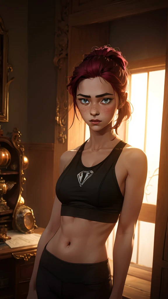 ultra realistic photo, ((A 21-year-old girl wears a sports bra.)), Deanvo, (Narrow hips), (freckles: 1.0), 1 girl, Blush, Masterpiece, best quality, nonsense, award-winning images, Extreme details, very complicated,, detailed face + eyes, natural light, realistic, Highly detailed, photography, Masterpiece, High quality, High quality, height, sexy, cute, detailed face, full body, Beautiful face, open black shirt, Goosebumps, 1 solo, 1 girl