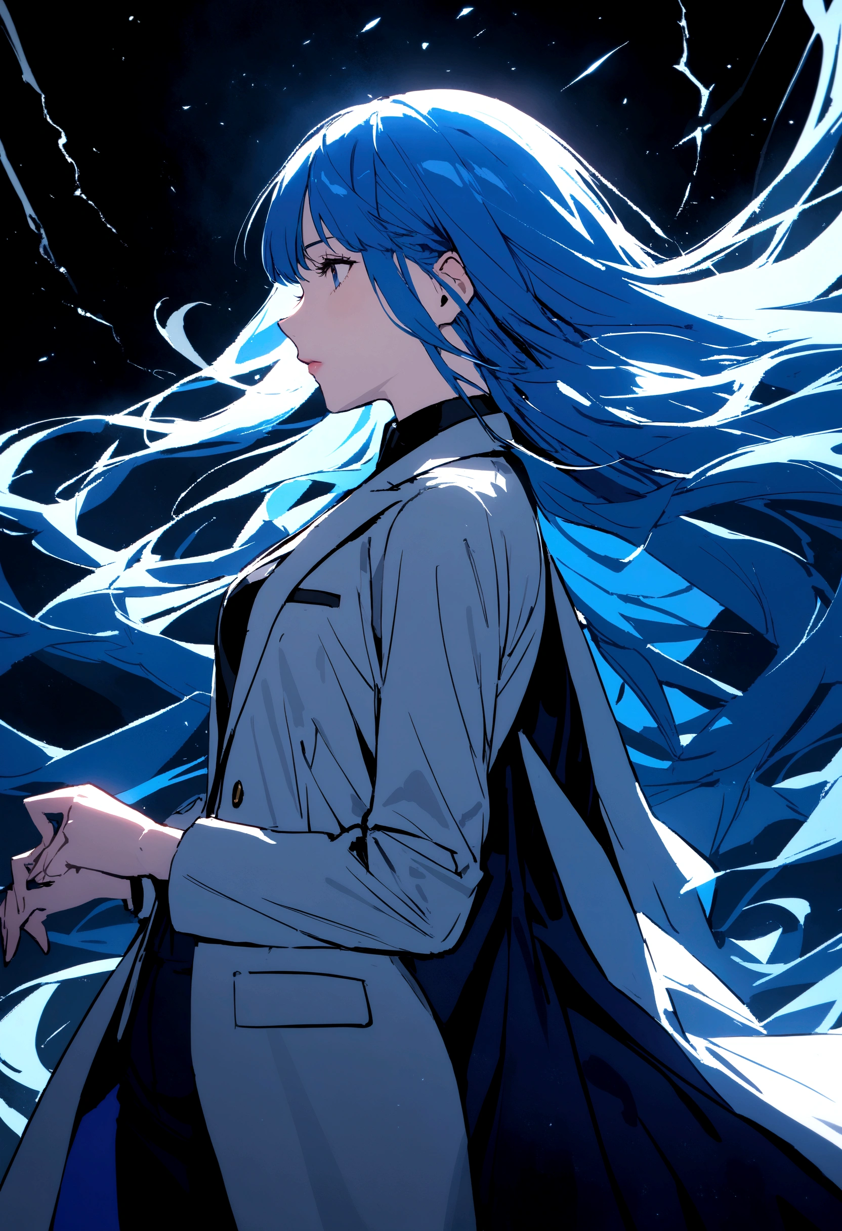 A woman with long blue hair and elegant suit 