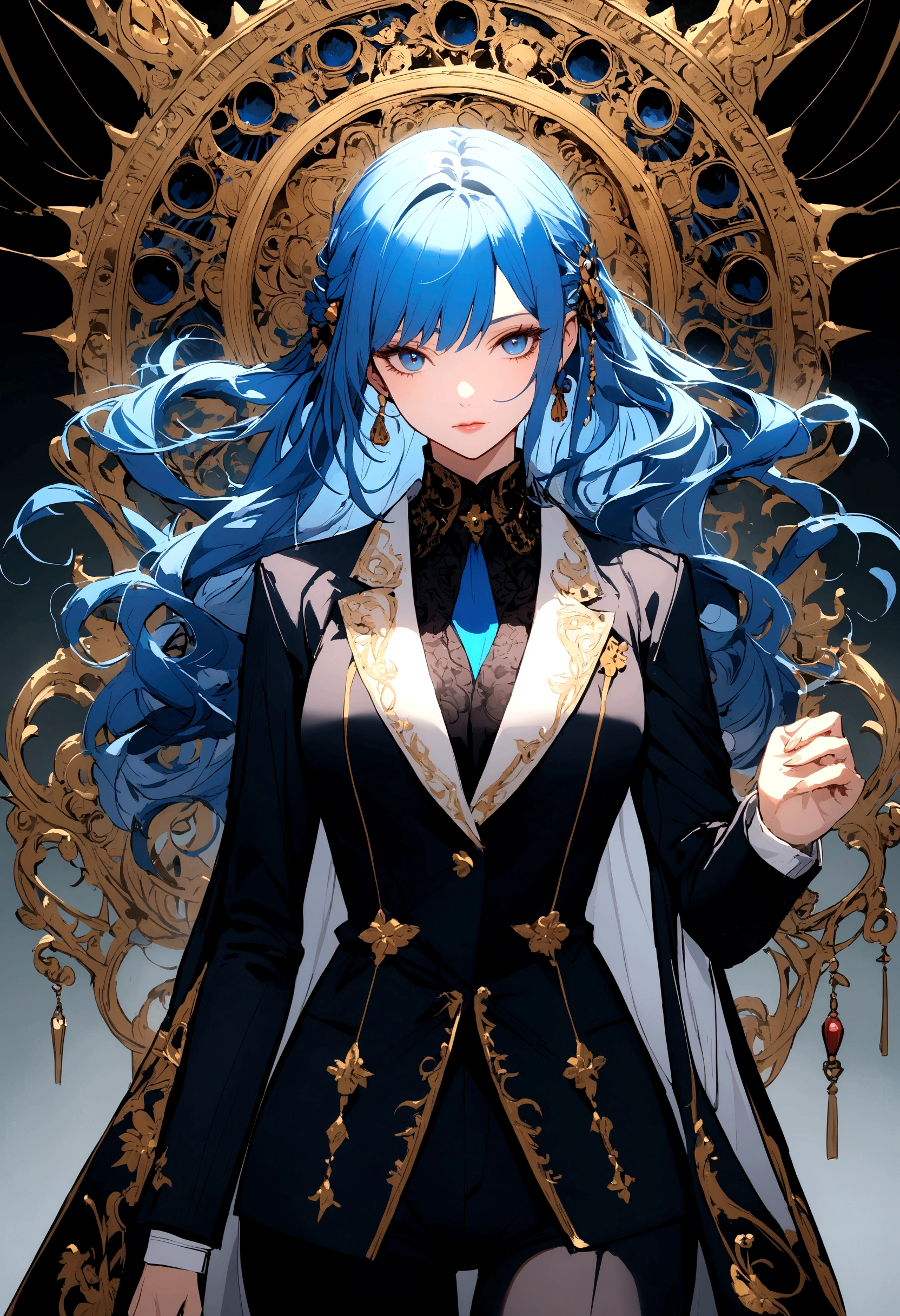 A woman with long blue hair and elegant suit 