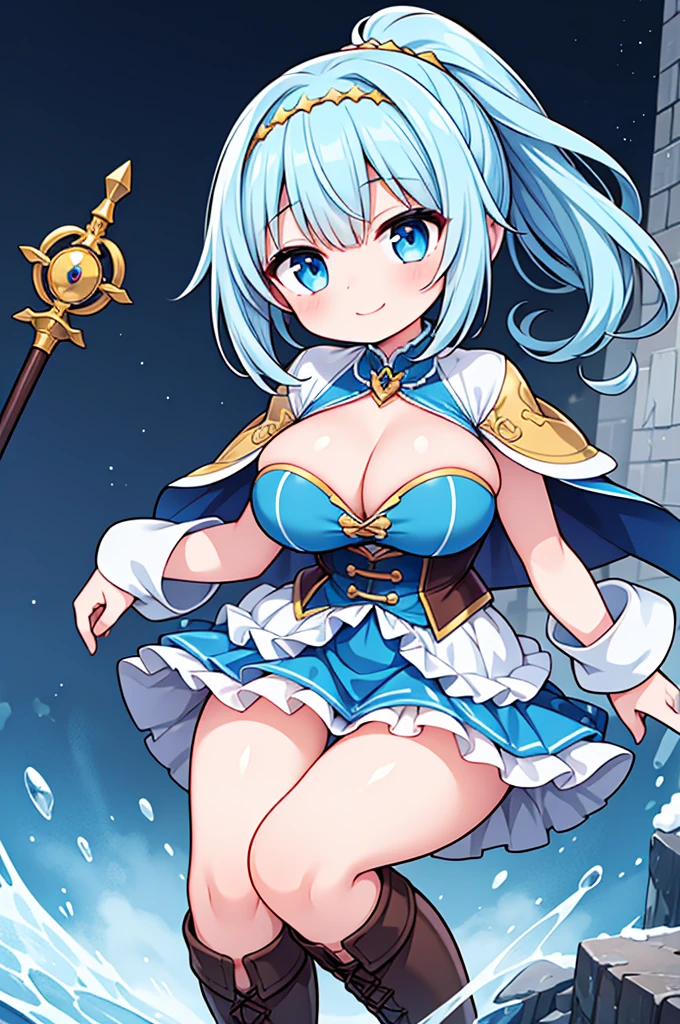 Fantasy,((Masterpiece)),((high resolution)),((Best Quality)),Anime illustration,((1girl)),(wavy hair),(short hair),(pale blue hair color),ponytail,headband,Big, round, blue eyes,Droopy eyes,15 years old,baby face and big breasts,(big breasts),Short stature,,ice wizard,sleeveless white blouse,Blue mini skirt,slit,Brown corset,brown capelet,smile,,Brown long boots,wizard's wand with blue gem,