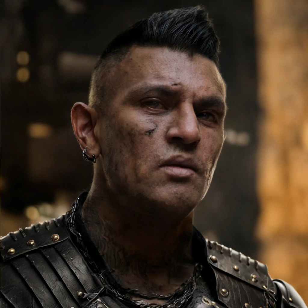 (masterpiece)+, (extremely (realistic)+,a portrait of an extremely ugly young male gipsy thug, Wearing leather armor, bad skin, scars, skin imperfections, angry proud stare. Looking in camera. volumetrics dtx, Photorealistic, ultra detailed, Artstation trending, very very detailed, realistic shaded lighting, dynamic shadows, detailed dark alley background, upper body, professional photograph of a detailed skin, sharp focus, dramatic, award winning, cinematic lighting, octane render, unreal engine, volumetrics dtx, Photorealistic, ultra detailed, Artstation trending, very very detailed, hyperrealistic, fine details, realistic shaded lighting, dynamic shadows, Dark alley background, add_detail:1, skin pores and wrinkles, details.,More Reasonable Details
