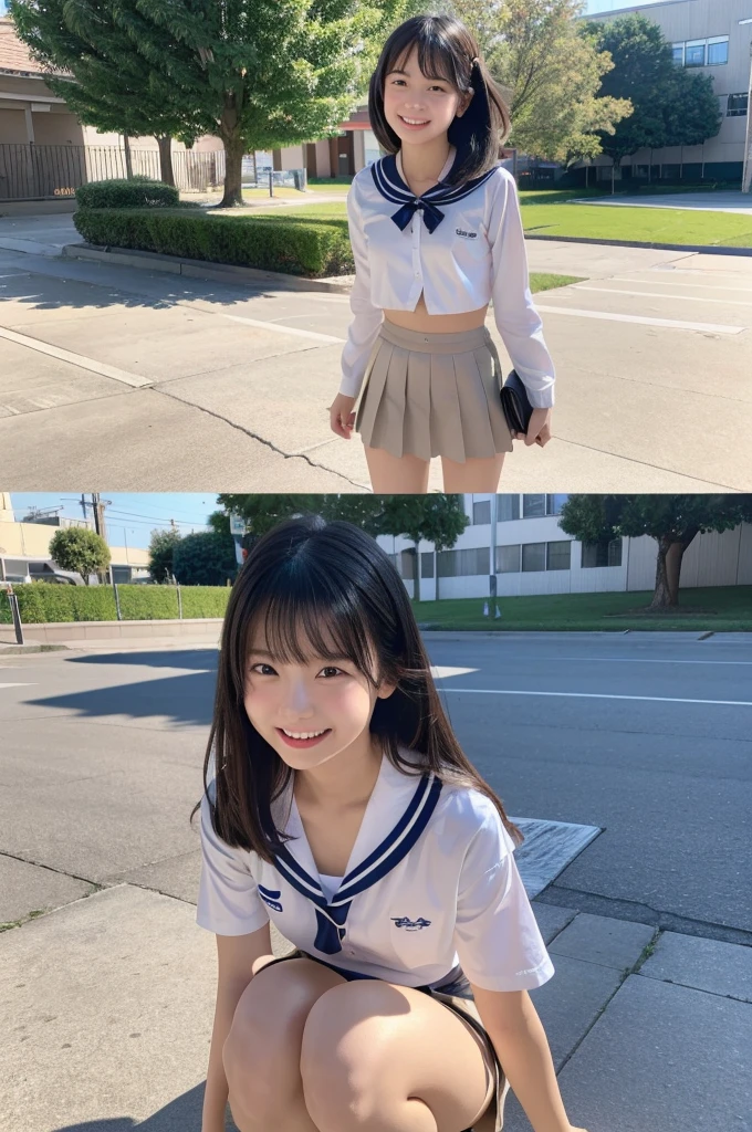 (Highest quality,8K quality,masterpiece:1.3),(超A high resolution,Photorealistic:1.4,RAW Photos),(Very detailed,Caustics,Detailed Background),(Ultra-Realistic Capture,Fine and beautiful skin,Perfect Anatomy),Daytime,School,Schoolyard,18-year-old,cute,single eyelid,Black Hair,Schoolのブレザーの制服,Laughter,Bust up shot,Natural soft light,photorealistic,I can see your feet,b-cup,Little Eloi,cute下着,I can see your underwear