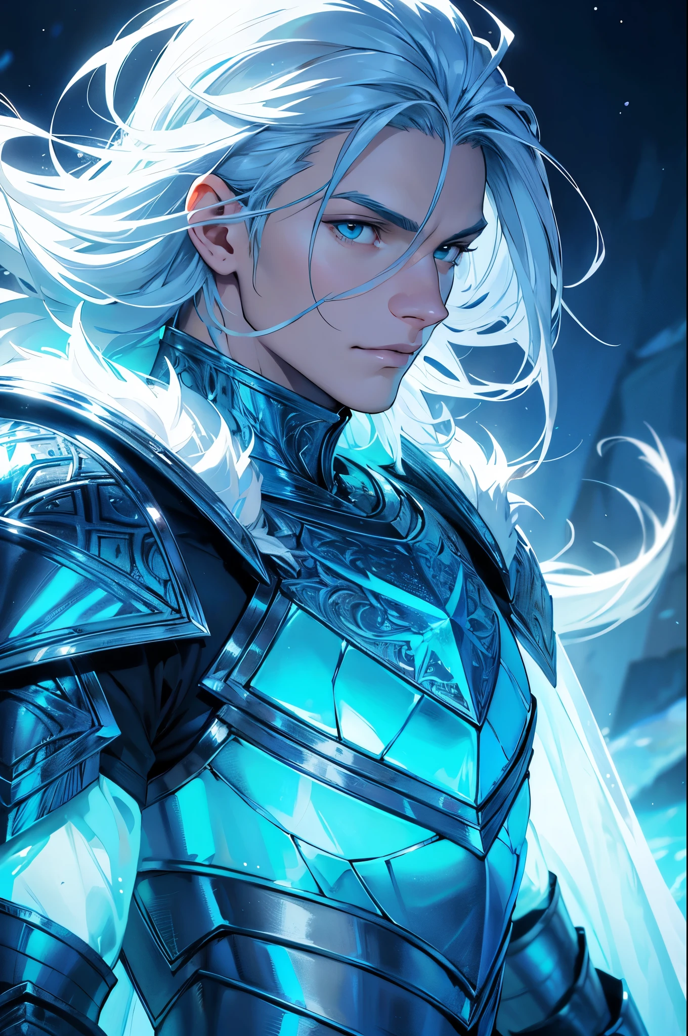 Ice knight, beautiful man with fine armor, intricate design, ocean blue details, silk, cinematic lighting, 4k, floating hair, sharp, prism, shining knight. Man with details armor.