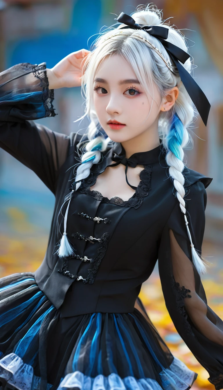 (1girl),gothic,twintails,white hair, organza lace,Gorgeous and fussy clothes,gothic, flying, blue, (colorful), bold strokes, gradient blends, motion blur, shimmering textures, dynamic composition, atmospheric perspective, impressionistic, , (masterpiece), (best quality), Amazing, (beautiful detailed eyes), (finely detail), Depth of field, extremely detailed CG, original, extremely detailed wallpaper, (vivid colors), cinematic lighting,  (colorful), blush,