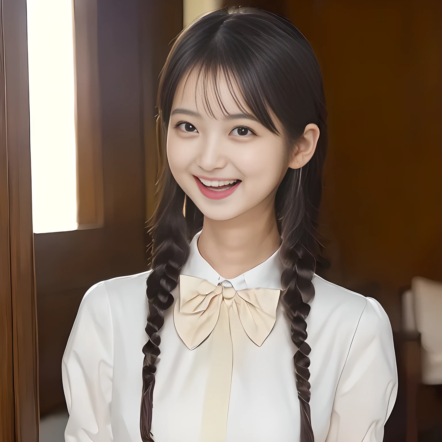 (highest quality, masterpiece:1.2), highest quality, High resolution, 1080P, 8K, Height: 158cm, ((A very intelligent, very noble, pretty and neat Japanese beautiful girl fashion model. Looking at the audience. Realistic fashion model)), ((((White face with plump cheeks)))), Glossy lips, (Evenly cut bangs), ((Very beautiful dark eyes)), The very large, shiny, wide red ribbon bow-tie on her chest is very cute., ((Black Hair)), ((long twin braids)), (((Cream colored blouse with puffed sleeves))), A neat uniform, Very lustrous, glossy lips, Open hand over open mouth, Beautiful hair like a hair model, Cream colored long skirt, Watching the viewer and laughing, ((Incredibly well organized, The expression is rich. plump and beautiful skin and face)), ((Pure and clear eyes)), Long eyelashes, ((laughing at me!))