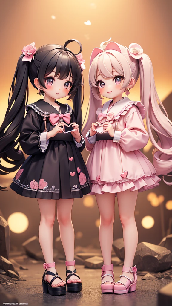 ((petite bishojo, 2girls)), ((kawaii face)), ((heart shaped eyes)), (masterpiece), (top quality), ((hyper detailed)), (exquisite), (beautiful and aesthetic), (super detailed skin), (high standard), (high resolution), (perfect anatomy), (full body), (nose blush), (short twintails), (ahoge), ((jirai kei, ground mine)), (earring), (lipstick)