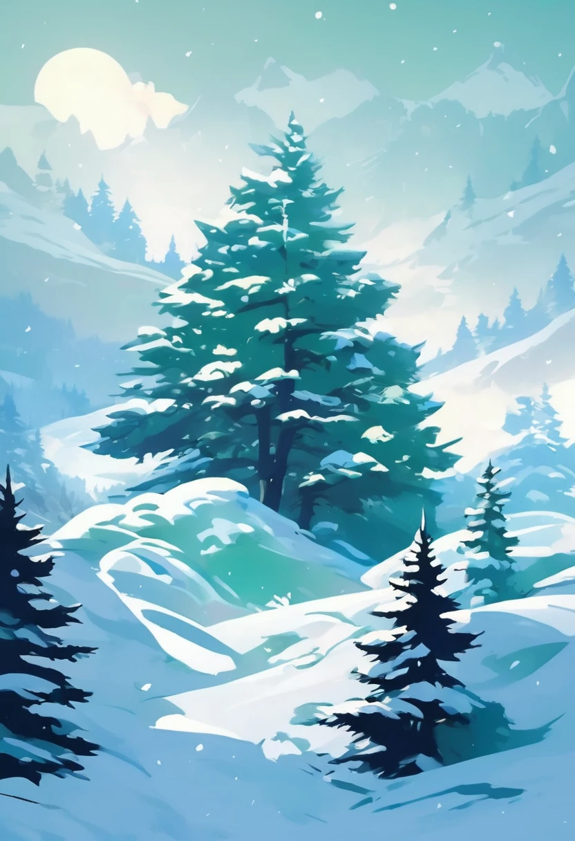 T-shirt design, Impressive winter、Spruce tree paintings, ameticulous, Environmental Art, meticulous, Silhouette Art, 2D Game Art, Background of the logo