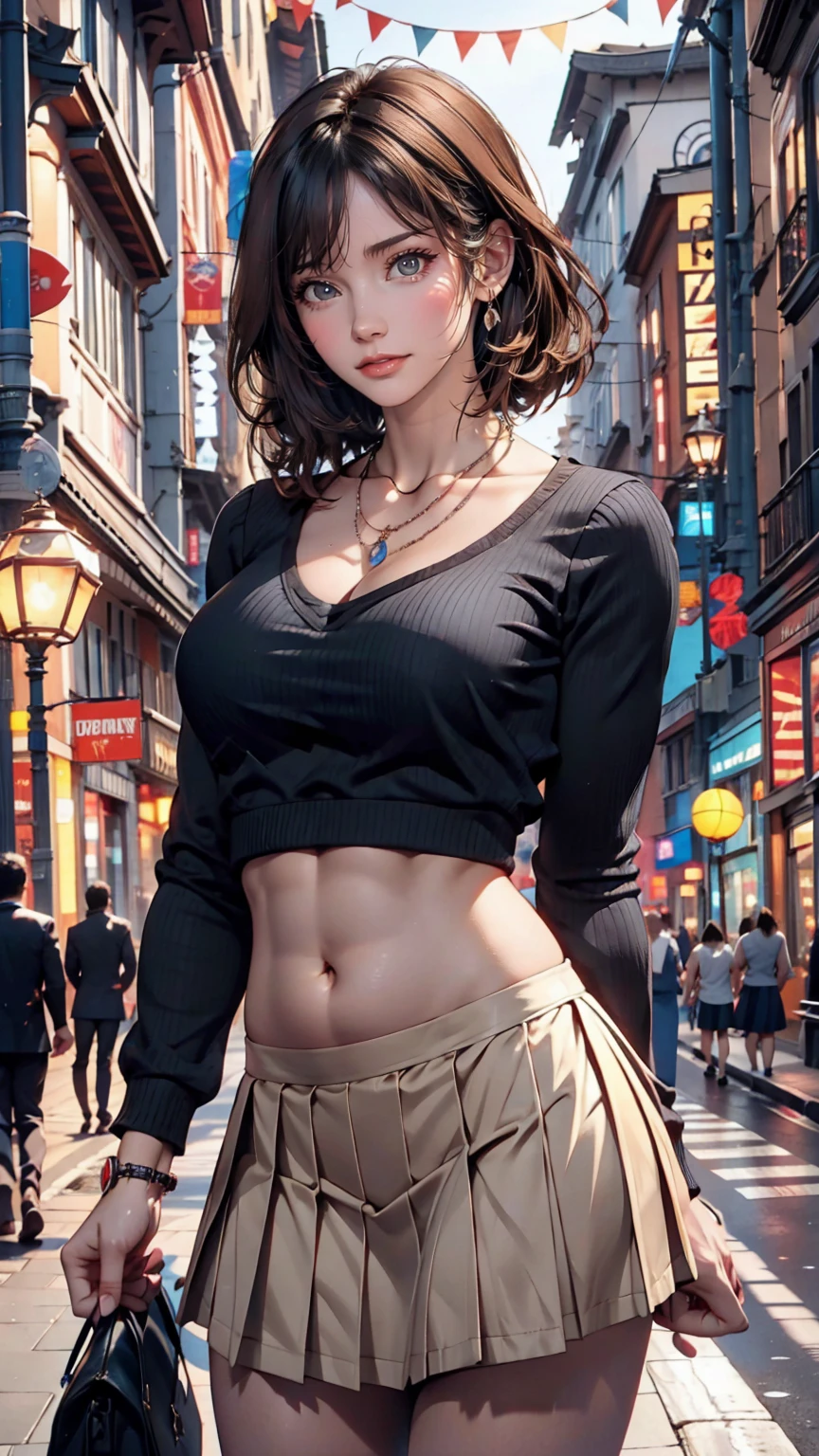 Cute young woman, Short black hair, Brown eyes, Queen,pleated skirt suit,Street lamp,neon,Busy street background,(belly button:1.1,Princess Eyes), noble, Royalty, high quality, masterpiece, Very detailed、24-year-old female、Sexy proportions、Sexy、Narrow waist、necklace、Wear accessories on your wrist、Toned Abs