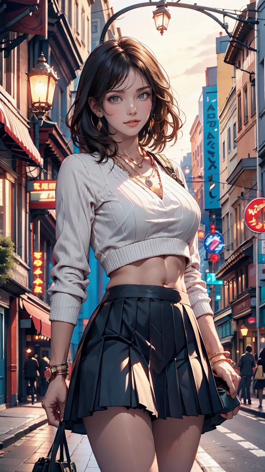 Cute young woman, Short black hair, Brown eyes, Queen,pleated skirt suit,Street lamp,neon,Busy street background,(belly button:1.1,Princess Eyes), noble, Royalty, high quality, masterpiece, Very detailed、24-year-old female、Sexy proportions、Sexy、Narrow waist、necklace、Wear accessories on your wrist、Toned Abs