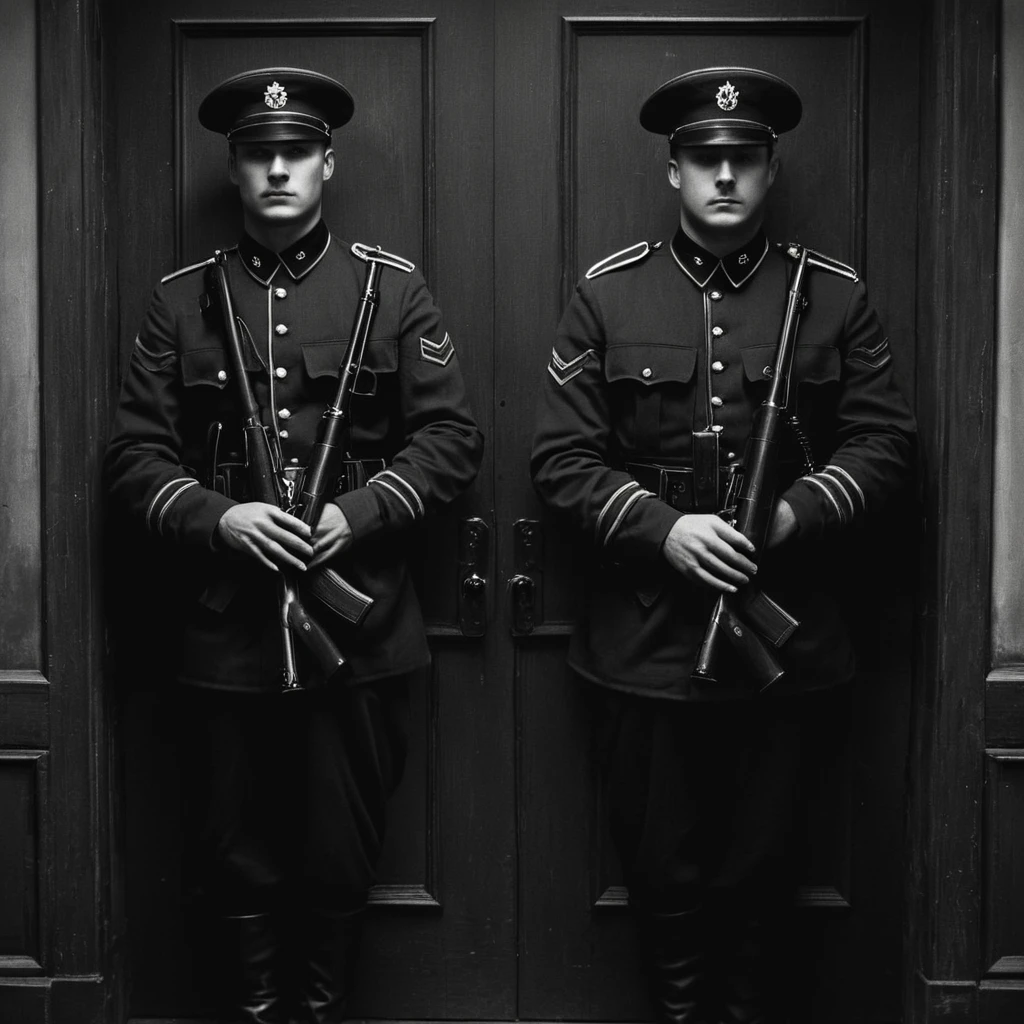 Two soldiers, стоят справа и слева от двери, Black uniform, rifles on the shoulder, guarding the door, office security, cinemascope, moody, epic, gorgeous, film grain, grainy, 1939 год, вторая мировая война