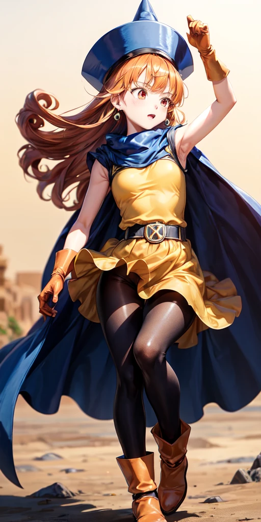 1girl,solo,dq4-alena,black pantyhose,blue cape,blue headwear,boots,curly hair,earrings,long hair,orange gloves,orange hair,red eyes,sleeveless,yellow dress,yellow skirt,dynamic pose,small breasts,(shiny,shiny dress:1.1)jumping,v-shaped eyebrows,fine weather, (masterpiece), (best quality), (ultra-detailed), intricate detail,, (masterpiece), (best quality), (ultra-detailed), intricate detail,