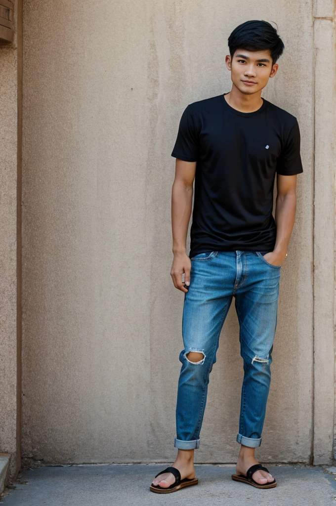Young Thai man wears a t-shirt, jeans, and sandals.