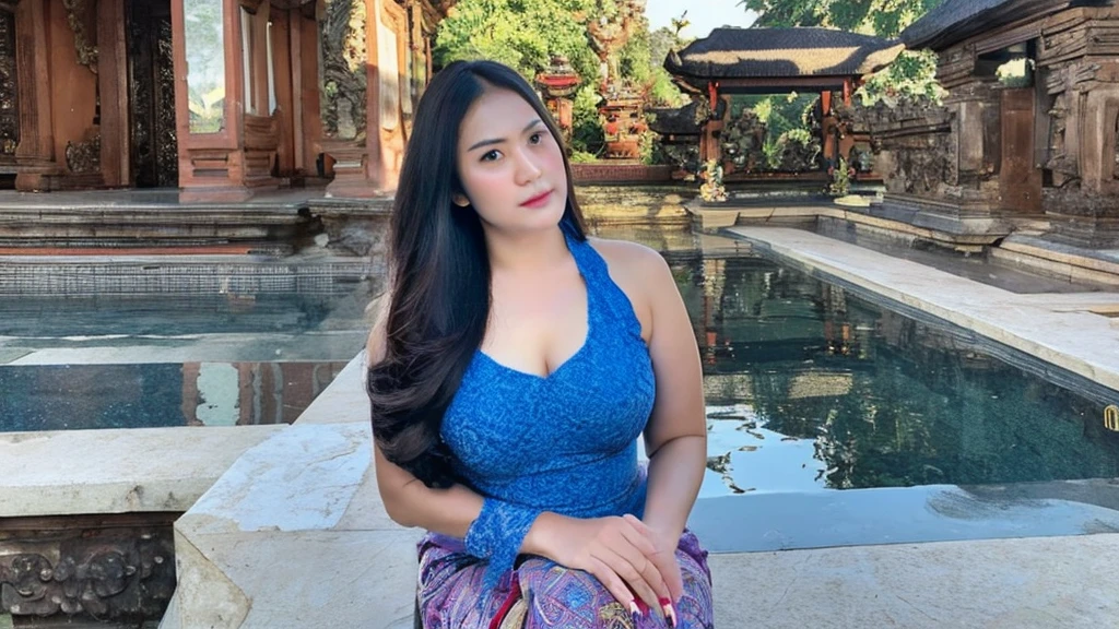 masterpiece, korean woman ,ultra realistic,32k,intricate details, sharp focus, realistic, closed, seductive pose, black eyes, jewelr, lips, realistic, looking_at_viewer, wet skin, shiny skin, SHORT SLEVES, indonesian clothes, bali, balinese, cityscape, transparent dynamic pose,((blue kebaya)),full body,busty body,curvy body,long hair,beauty face,cowboy shot,
