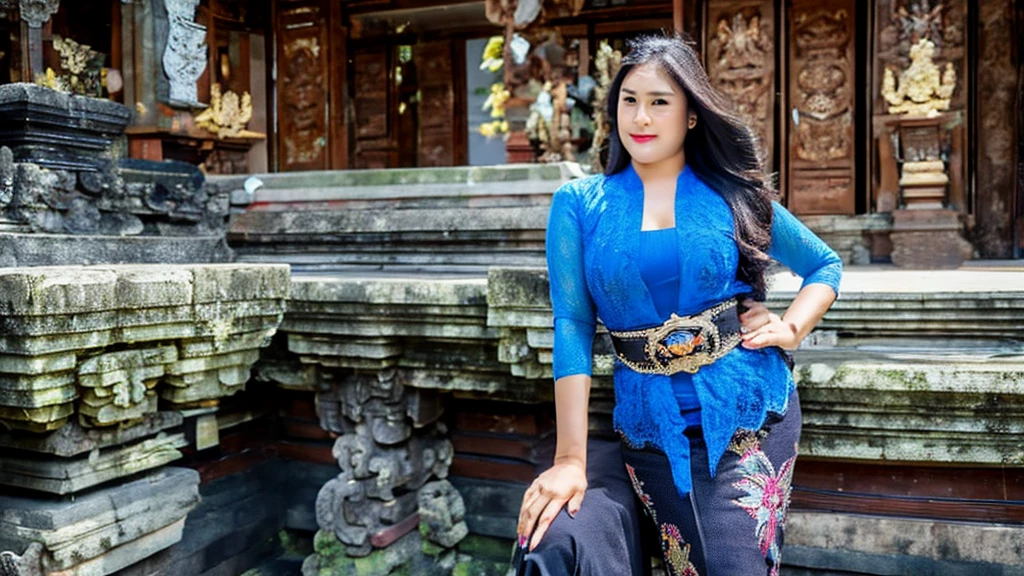 masterpiece, korean woman ,ultra realistic,32k,intricate details, sharp focus, realistic, closed, seductive pose, black eyes, jewelr, lips, realistic, looking_at_viewer, wet skin, shiny skin, SHORT SLEVES, indonesian clothes, bali, balinese, cityscape, transparent dynamic pose,((blue kebaya)),full body,busty body,curvy body,long hair,beauty face,cowboy shot,