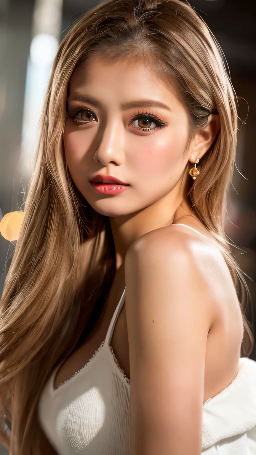(8K、Raw photo、Highest quality、masterpiece:1.2)、(Realistic、Photorealistic:1.37)、Ultra-detailed、Ultra-high resolution、Beautiful and well-proportioned face,ASİAN,gal,Model, Dark blonde long, galの服装　Lip gloss（Wet lips）,Big Breasts,,Sunburned skin,Beautifully detailed skin、Skin Texture、　Professional Lighting、sexly　Dark blonde long　gravure pose（Seduce your audience）　galネイル 