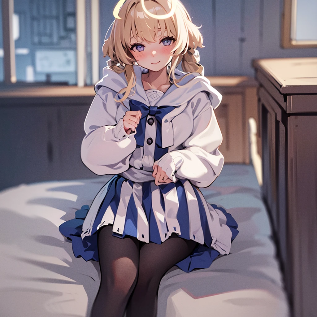 1 girl, masterpiece, best quality, Amazing, beautiful detailed eyes, finely detailed, depth of field, extremely detailed CG unity 8k wallpaper, full body, Hifumi (Blue Archive), halo, Default Clothes, Classroom, smile ,blush, wind, teenage, Looking at viewer, sitting, window.