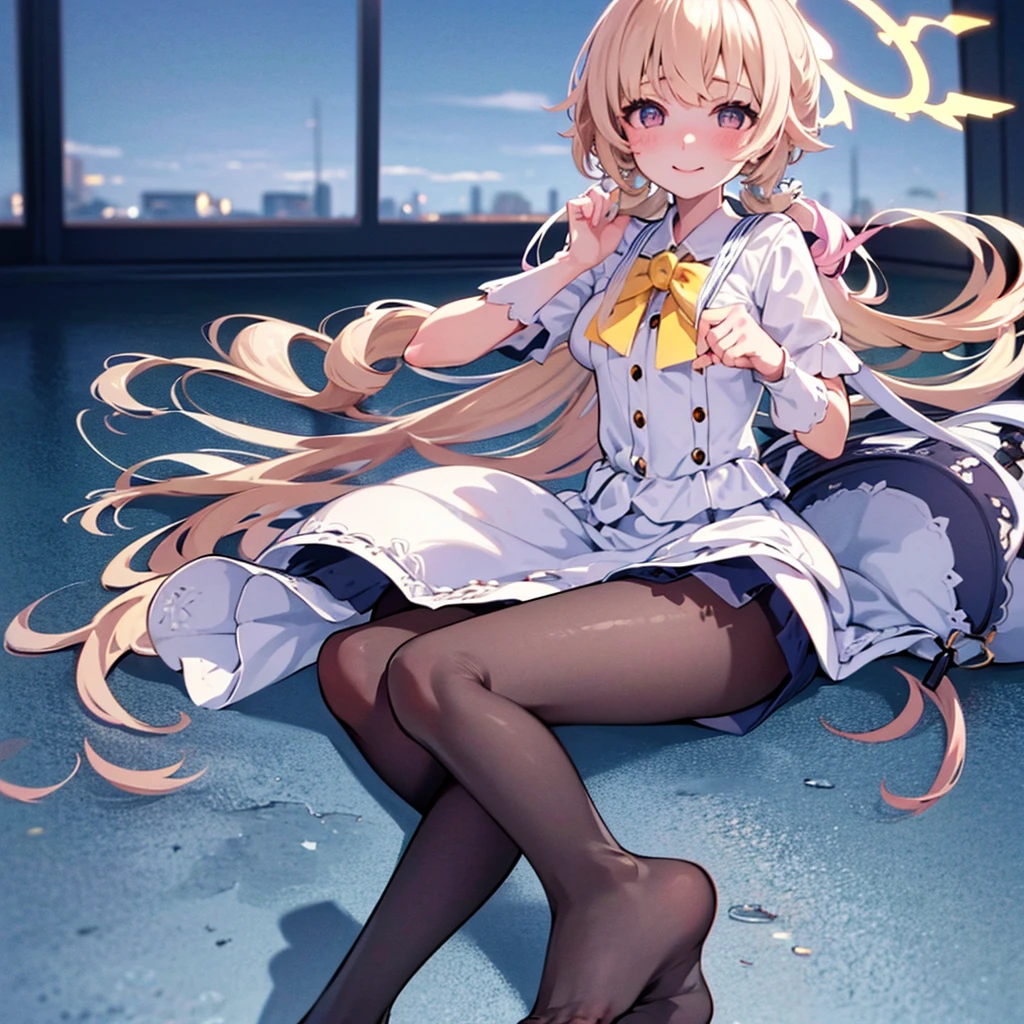 1 girl, masterpiece, best quality, Amazing, beautiful detailed eyes, finely detailed, depth of field, extremely detailed CG unity 8k wallpaper, full body, Hifumi (Blue Archive), halo, Default Clothes, Classroom, smile ,blush, wind, teenage, Looking at viewer, sitting, window.
