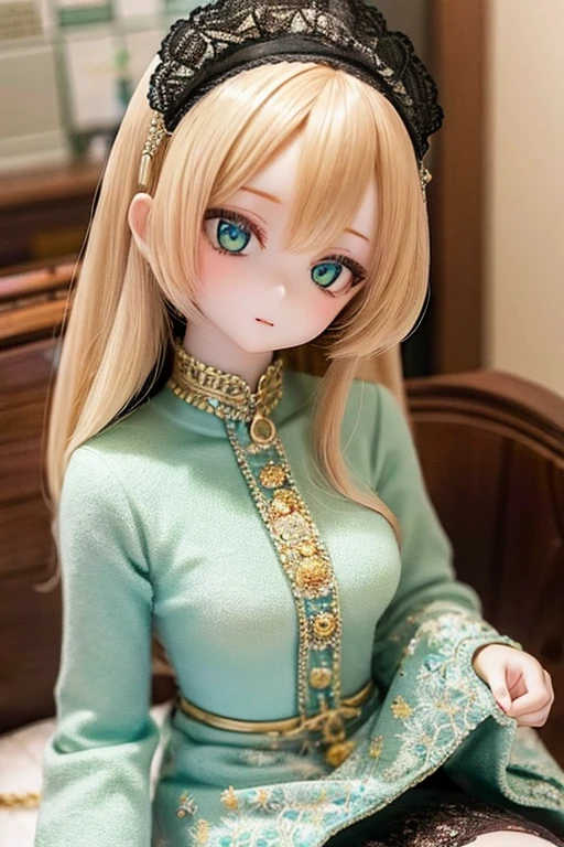 photorealistic, realistic photo, ((highest quality)), ((masterpiece)), (extremely detailed), kukolnydom, doll, (mature woman:1.7), solo, eye level shot, sitting on sofa, green eyes, (looking down, blank eyes, empty eyes, detailed eyes:1.3), light smile, dress, museum, 8k