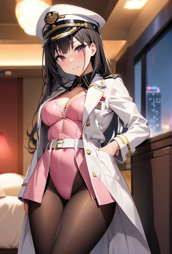 highest quality, One girl, (skeindentation), (blur background:0.6), , Love Hotel、black hair,pink eyes,pink leotard,military coat,military hat,pantyhose