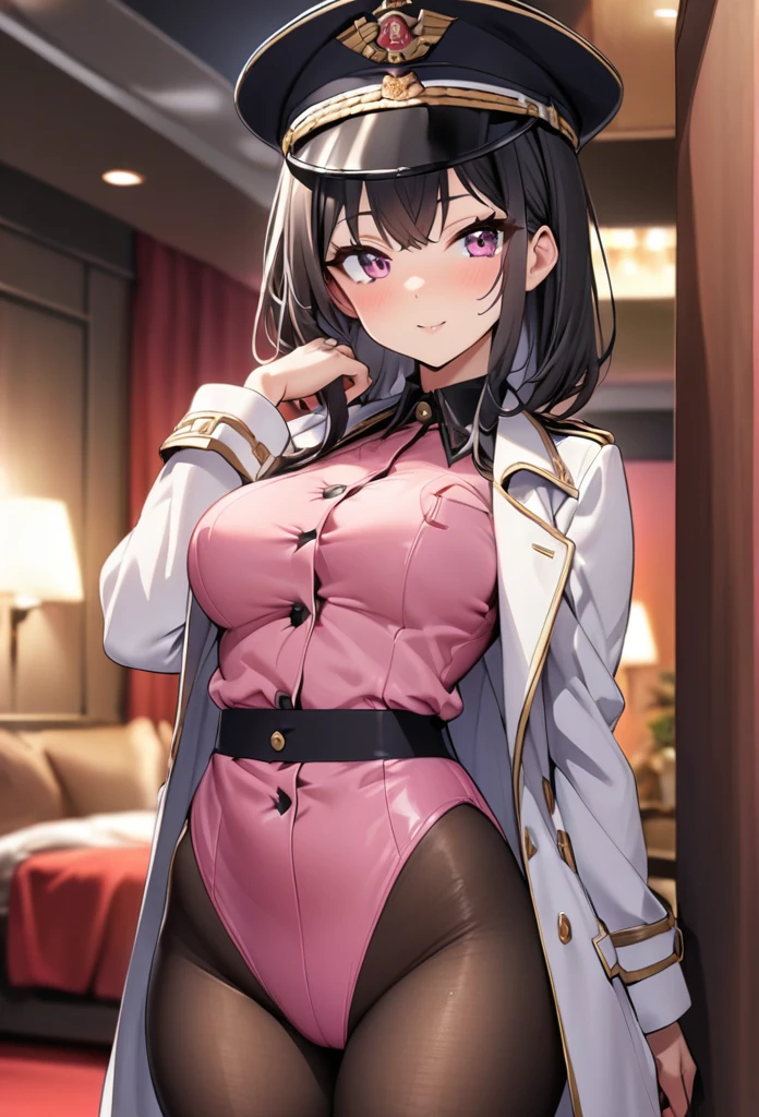 highest quality, One girl, (skeindentation), (blur background:0.6), , Love Hotel、black hair,pink eyes,pink leotard,military coat,military hat,pantyhose