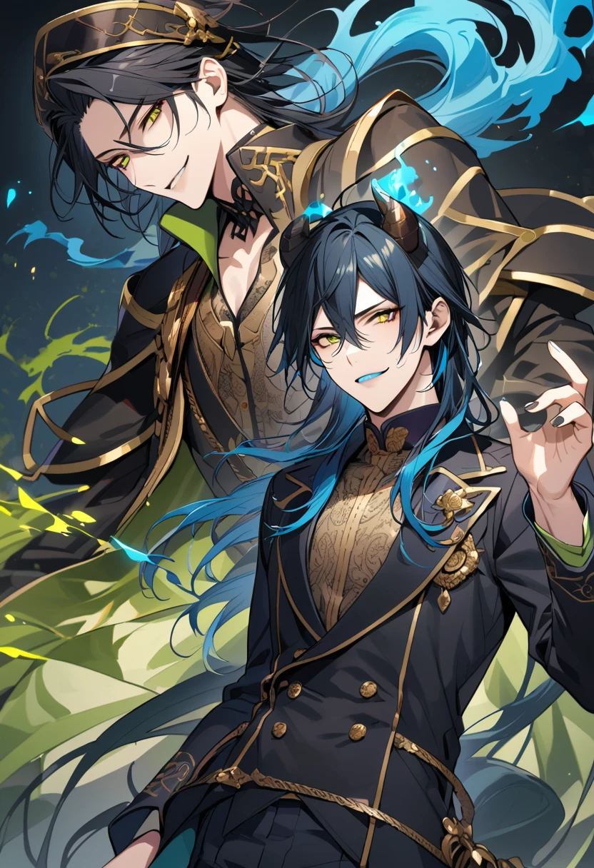 (pieces fly), (highest quality), very detailed, ((two men)), perfect face, beautiful face, very detailed face，(black haired man:1.3)，(blue haired man:1.3)，suit，shirt，smile，flower, (1st boy,Idia Shroud, bishounen, boy, male, extremely long hair, blue hair, blue fire hair, wavy hair, yellow eyes, tired expression, blue lips, handsome, skinny, geeky, blue glow, shark teeth,) (2nd boy, malleus draconia \(twisted wonderland\) horns, bishounen, boy, male, long hair, black hair, yellow green eyes, smile, gray lips, handsome, skinny, tall, yellow green glow,) 