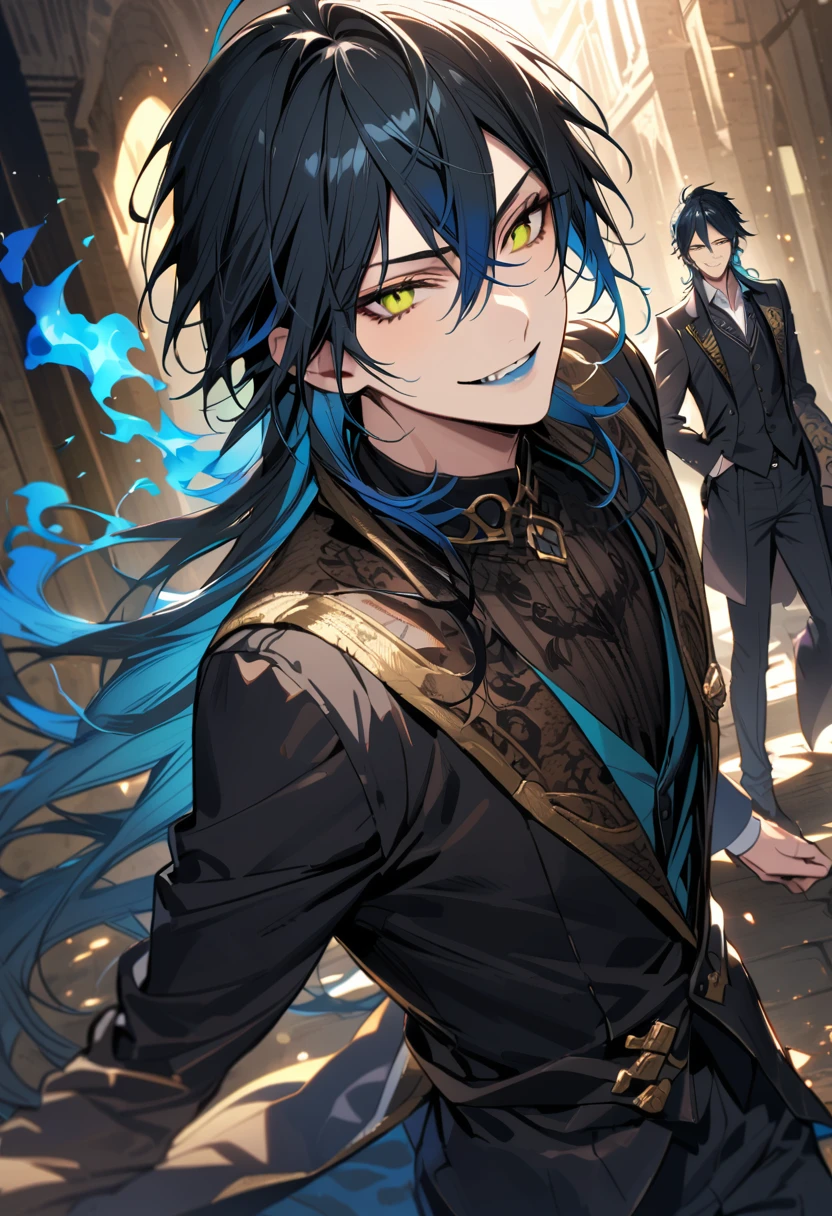 (pieces fly), (highest quality), very detailed, ((two men)), perfect face, beautiful face, very detailed face，(black haired man:1.3)，(blue haired man:1.3)，suit，shirt，smile，flower, (1st boy,Idia Shroud, bishounen, boy, male, extremely long hair, blue hair, blue fire hair, wavy hair, yellow eyes, tired expression, blue lips, handsome, skinny, geeky, blue glow, shark teeth,) (2nd boy, malleus draconia \(twisted wonderland\) horns, bishounen, boy, male, long hair, black hair, yellow green eyes, smile, gray lips, handsome, skinny, tall, yellow green glow,) 