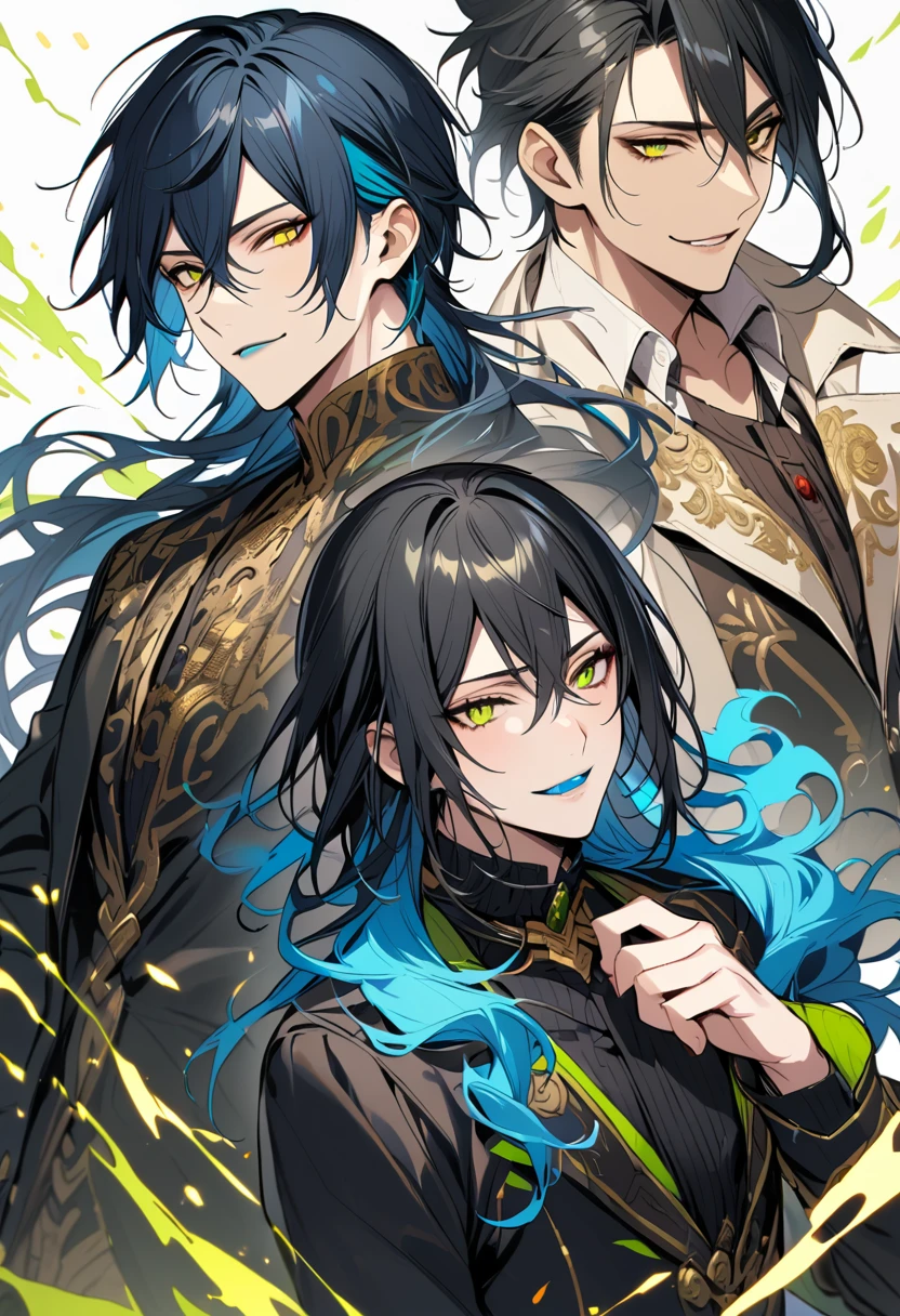 (pieces fly), (highest quality), very detailed, ((two men)), perfect face, beautiful face, very detailed face，(black haired man:1.3)，(blue haired man:1.3)，suit，shirt，smile，flower, (1st boy,Idia Shroud, bishounen, boy, male, extremely long hair, blue hair, blue fire hair, wavy hair, yellow eyes, tired expression, blue lips, handsome, skinny, geeky, blue glow, shark teeth,) (2nd boy, malleus draconia \(twisted wonderland\) horns, bishounen, boy, male, long hair, black hair, yellow green eyes, smile, gray lips, handsome, skinny, tall, yellow green glow,) 