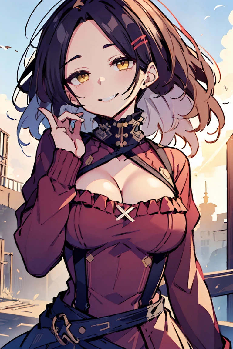 (masterpiece:1.2), (high quality:1.2), (hui xiyi:0.65), rekkyo sensen, rekkyou sensen, girls with((black hair, bangs, (one side up, long wavy hair, hair clips:1.55), hand up, waving is hands, perfect hands, perfect fingers, (exposed breasts, tits cleavage, breasts close up:1.2), dress((suspenders, dress, belts:1.15), (blue clothes, frills shirt, white knit sweater, long sleeves:1.2)), upper body)), background with((fantasy world, ruin, castle, beautiful sky, shining sky, sunshine))
