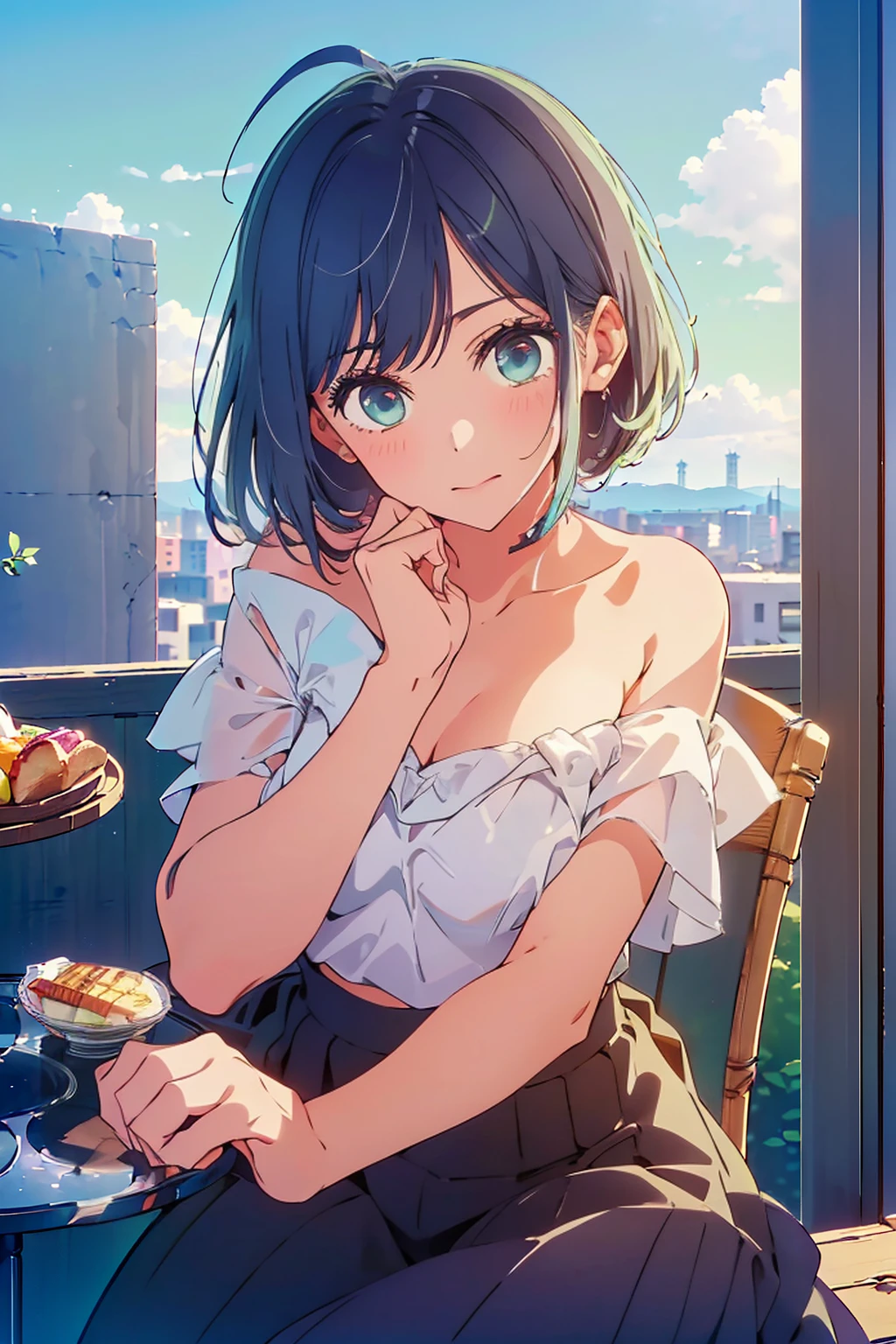 (Highest quality:1.4、masterpiece:1.4、Super detailed:1.4、Ultra-high resolution:1.4、8K:1.4)、Slim body、Big Breasts、((((1 person、Surprised expression、sit、Chair、In the background are the urban buildings of Tokyo、looking at the camera、Outdoor café terrace、juice、Get up close and take a photo、table、Very cute face))))、((((nude、very beautiful areola))))、(Pose with hands tucked behind ears:1.4、Cheek resting on hand:1.4)、(((Take off the off-shoulder blouson)))、Very blue sky、A completely cloudless sky