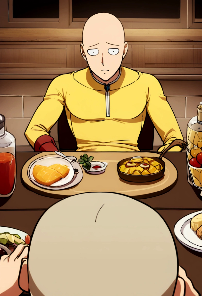 Saitama de l'anime One Punch Man savoure des brochettes boeuf-fromage dans un restaurant chaleureux. Capturez son apparence distinctive et son attitude nonchalante, évoquant le charme et l'humour de la série tout en mettant en valeur la joie simple de savourer un repas