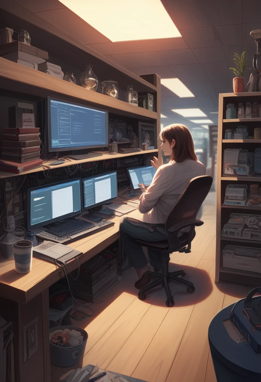 A computer repair shop, detailed interior, multiple workstations with computers, technicians working on repairs, high-tech equipment, organized tools and supplies, warm lighting, clean and modern aesthetic, (best quality,4k,8k,highres,masterpiece:1.2),ultra-detailed,(realistic,photorealistic,photo-realistic:1.37),interior design,industrial,modern,clean,organized,technology,electronics repair