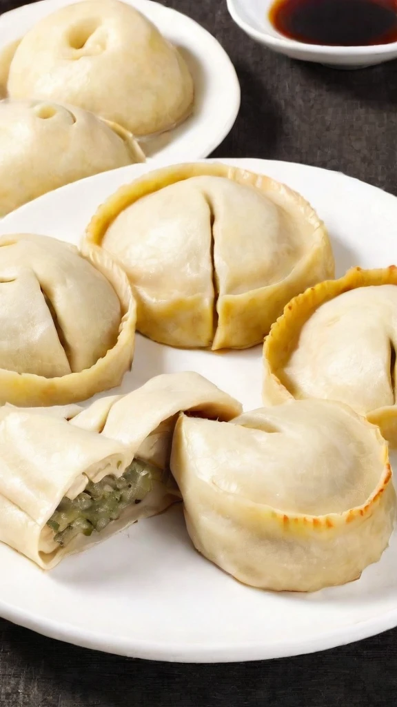 Highest quality, masterpiece, Baked dumplings、This is a dough made from wheat flour that is rolled out into a circle, then cut in half and baked.