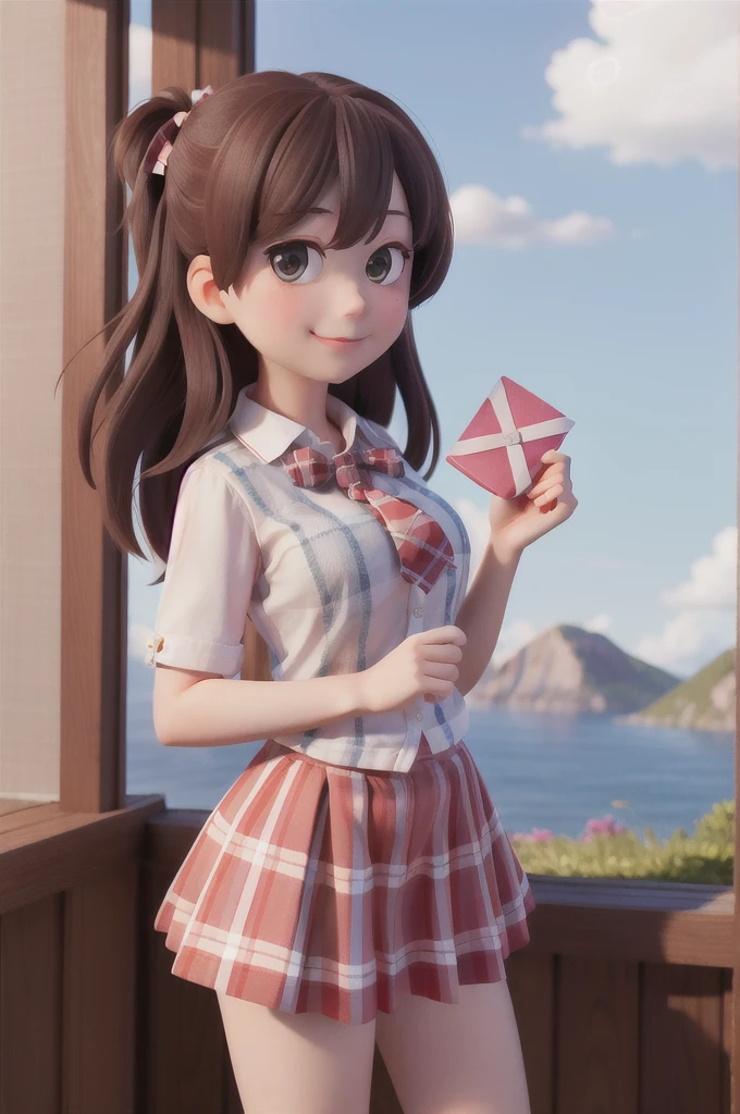 masterpiece, high quality best quality,1girl, bangs, beach, blue_sky, blush, bow, breasts, checkered, checkered_shirt, checkered_skirt, cloud, cloudy_sky, collarbone, day, envelope, giving, grass, hair_bow, heart, holding, holding_letter, horizon, incoming_gift, kazami_yuuka, leaning_forward, lens_flare, letter, light_rays, long_hair, looking_at_viewer, love_letter, mountain, mountainous_horizon, ocean, outdoors, plaid, plaid_background, plaid_bikini, plaid_bow, plaid_bowtie, plaid_bra, plaid_dress, plaid_headwear, plaid_jacket, plaid_legwear, plaid_necktie, plaid_neckwear, plaid_panties, plaid_pants, plaid_ribbon, plaid_scarf, plaid_shirt, plaid_skirt, plaid_vest, pov, shirt, skirt, sky, smile, solo, sun, sunbeam, sunlight, tree, unmoving_pattern