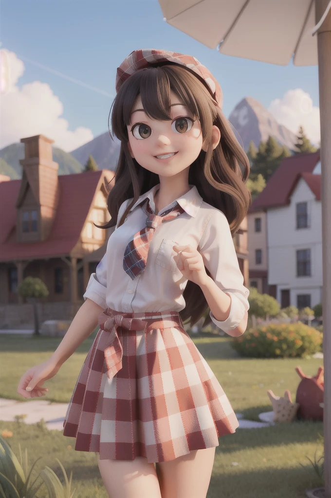 masterpiece, high quality best quality,1girl, bangs, beach, blue_sky, blush, bow, breasts, checkered, checkered_shirt, checkered_skirt, cloud, cloudy_sky, collarbone, day, envelope, giving, grass, hair_bow, heart, holding, holding_letter, horizon, incoming_gift, kazami_yuuka, leaning_forward, lens_flare, letter, light_rays, long_hair, looking_at_viewer, love_letter, mountain, mountainous_horizon, ocean, outdoors, plaid, plaid_background, plaid_bikini, plaid_bow, plaid_bowtie, plaid_bra, plaid_dress, plaid_headwear, plaid_jacket, plaid_legwear, plaid_necktie, plaid_neckwear, plaid_panties, plaid_pants, plaid_ribbon, plaid_scarf, plaid_shirt, plaid_skirt, plaid_vest, pov, shirt, skirt, sky, smile, solo, sun, sunbeam, sunlight, tree, unmoving_pattern