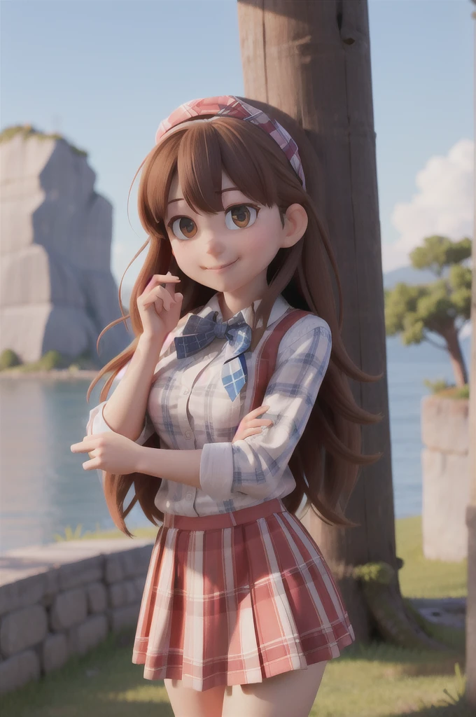 masterpiece, high quality best quality,1girl, bangs, beach, blue_sky, blush, bow, breasts, checkered, checkered_shirt, checkered_skirt, cloud, cloudy_sky, collarbone, day, envelope, giving, grass, hair_bow, heart, holding, holding_letter, horizon, incoming_gift, kazami_yuuka, leaning_forward, lens_flare, letter, light_rays, long_hair, looking_at_viewer, love_letter, mountain, mountainous_horizon, ocean, outdoors, plaid, plaid_background, plaid_bikini, plaid_bow, plaid_bowtie, plaid_bra, plaid_dress, plaid_headwear, plaid_jacket, plaid_legwear, plaid_necktie, plaid_neckwear, plaid_panties, plaid_pants, plaid_ribbon, plaid_scarf, plaid_shirt, plaid_skirt, plaid_vest, pov, shirt, skirt, sky, smile, solo, sun, sunbeam, sunlight, tree, unmoving_pattern