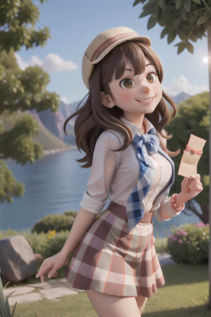 masterpiece, high quality best quality,1girl, bangs, beach, blue_sky, blush, bow, breasts, checkered, checkered_shirt, checkered_skirt, cloud, cloudy_sky, collarbone, day, envelope, giving, grass, hair_bow, heart, holding, holding_letter, horizon, incoming_gift, kazami_yuuka, leaning_forward, lens_flare, letter, light_rays, long_hair, looking_at_viewer, love_letter, mountain, mountainous_horizon, ocean, outdoors, plaid, plaid_background, plaid_bikini, plaid_bow, plaid_bowtie, plaid_bra, plaid_dress, plaid_headwear, plaid_jacket, plaid_legwear, plaid_necktie, plaid_neckwear, plaid_panties, plaid_pants, plaid_ribbon, plaid_scarf, plaid_shirt, plaid_skirt, plaid_vest, pov, shirt, skirt, sky, smile, solo, sun, sunbeam, sunlight, tree, unmoving_pattern
