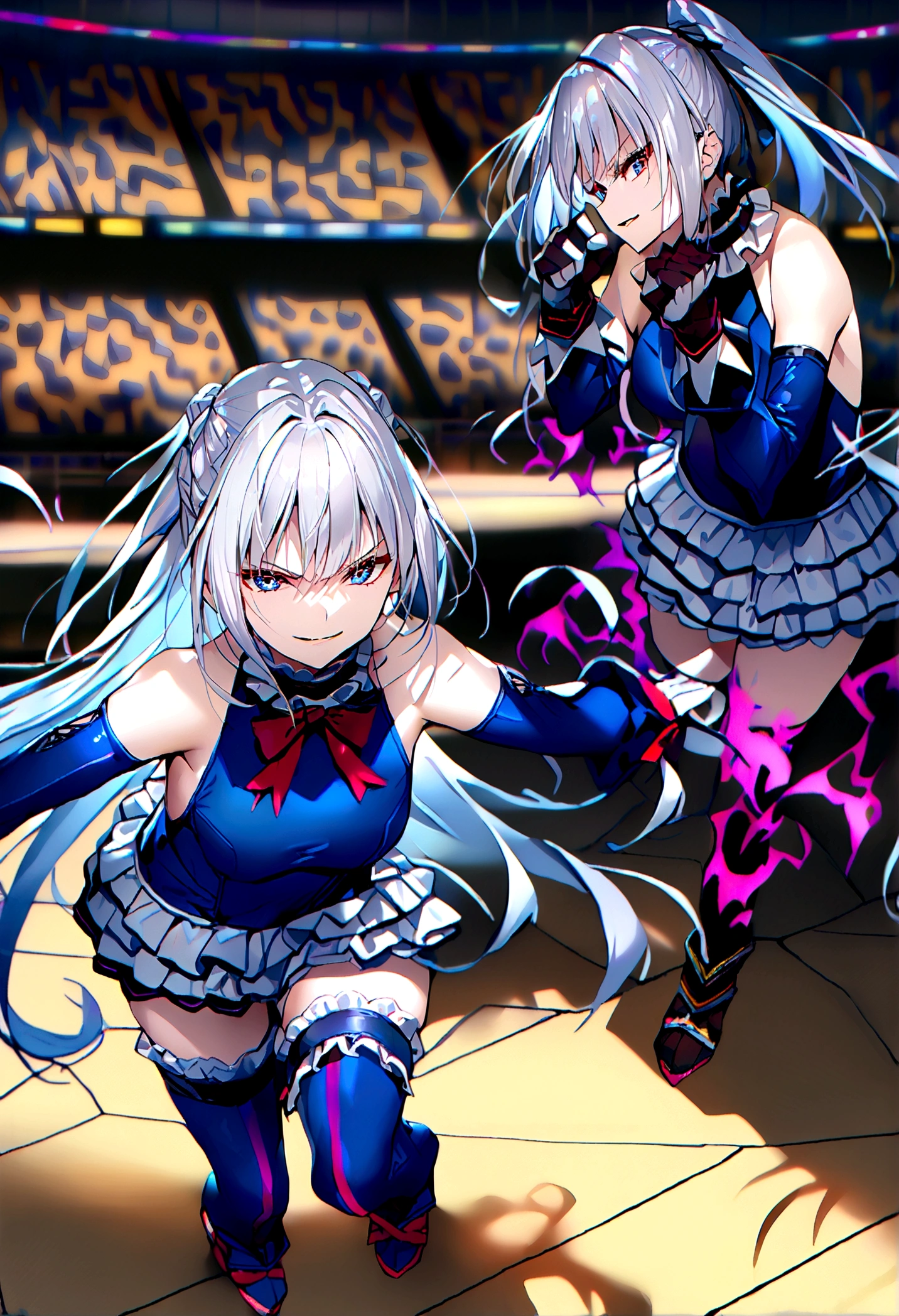 1girl, full body,dark aura,evil smile, 1girl,(Silver Hair:1.4),Very long hair,(Arena:1.4), frilled choker, red bowtie, blue one-piece swimsuit, frilled swimsuit, blue sleeves, detached sleeves, gloves, blue thighhighs, frilled thighhighs,fight pose, 