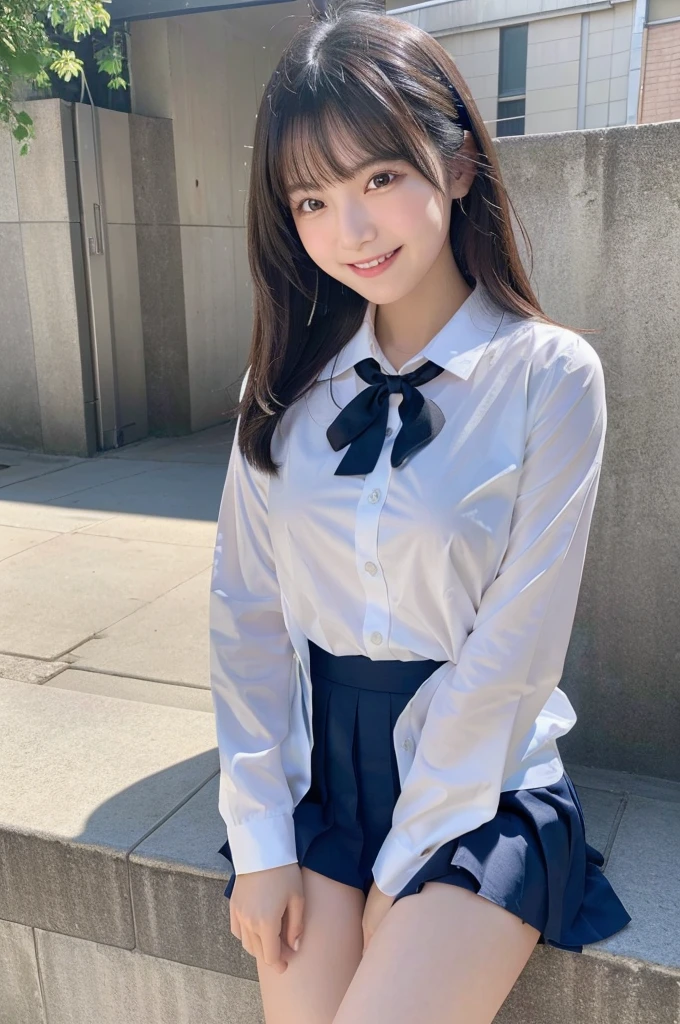 (Highest quality,8K quality,masterpiece:1.3),(超A high resolution,Photorealistic:1.4,RAW Photos),(Very detailed,Caustics,Detailed Background),(Ultra-Realistic Capture,Fine and beautiful skin,Perfect Anatomy),Daytime,School,Schoolyard,18-year-old,cute,single eyelid,Black Hair,Schoolのブレザーの制服,Laughter,Bust up shot,Natural soft light,photorealistic,I can see your feet,b-cup,Erotic,cute下着,I can see your underwear