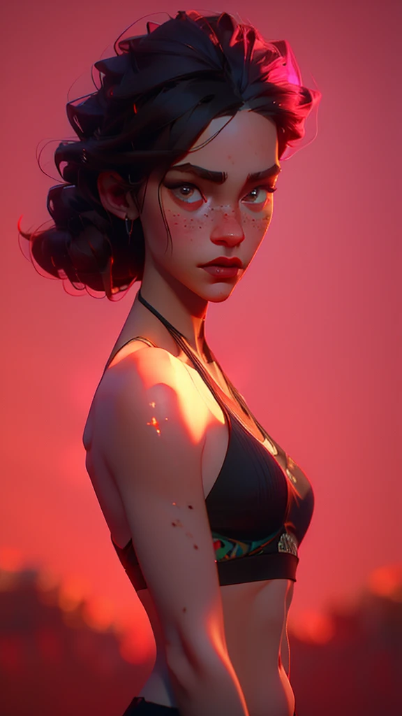 ultra realistic photo, ((A 21-year-old girl wears a sports bra.)), Deanvo, (Narrow hips), (freckles: 1.0), 1 girl, Blush, Masterpiece, best quality, nonsense, award-winning images, Extreme details, very complicated,, detailed face + eyes, natural light, realistic, Highly detailed, photography, Masterpiece, High quality, High quality, height, sexy, cute, detailed face, full body, Beautiful face, open black shirt, Goosebumps, 1 solo, 1 girl
