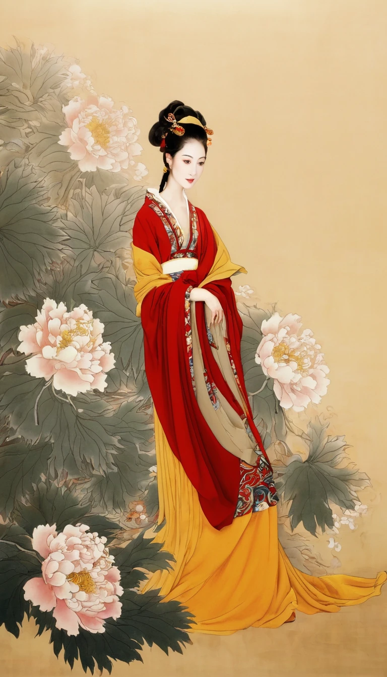 painting of a woman in a red and yellow dress and a yellow and red dress, ancient chinese beauties, ancient chinese princess, ancient asian dynasty princess, ancient china art style, chinese princess, ancient chinese goddess, traditional chinese painting, wearing ancient chinese clothes, palace ， a girl in hanfu, inspired by Qiu Ying, chinese style painting, chinese empress