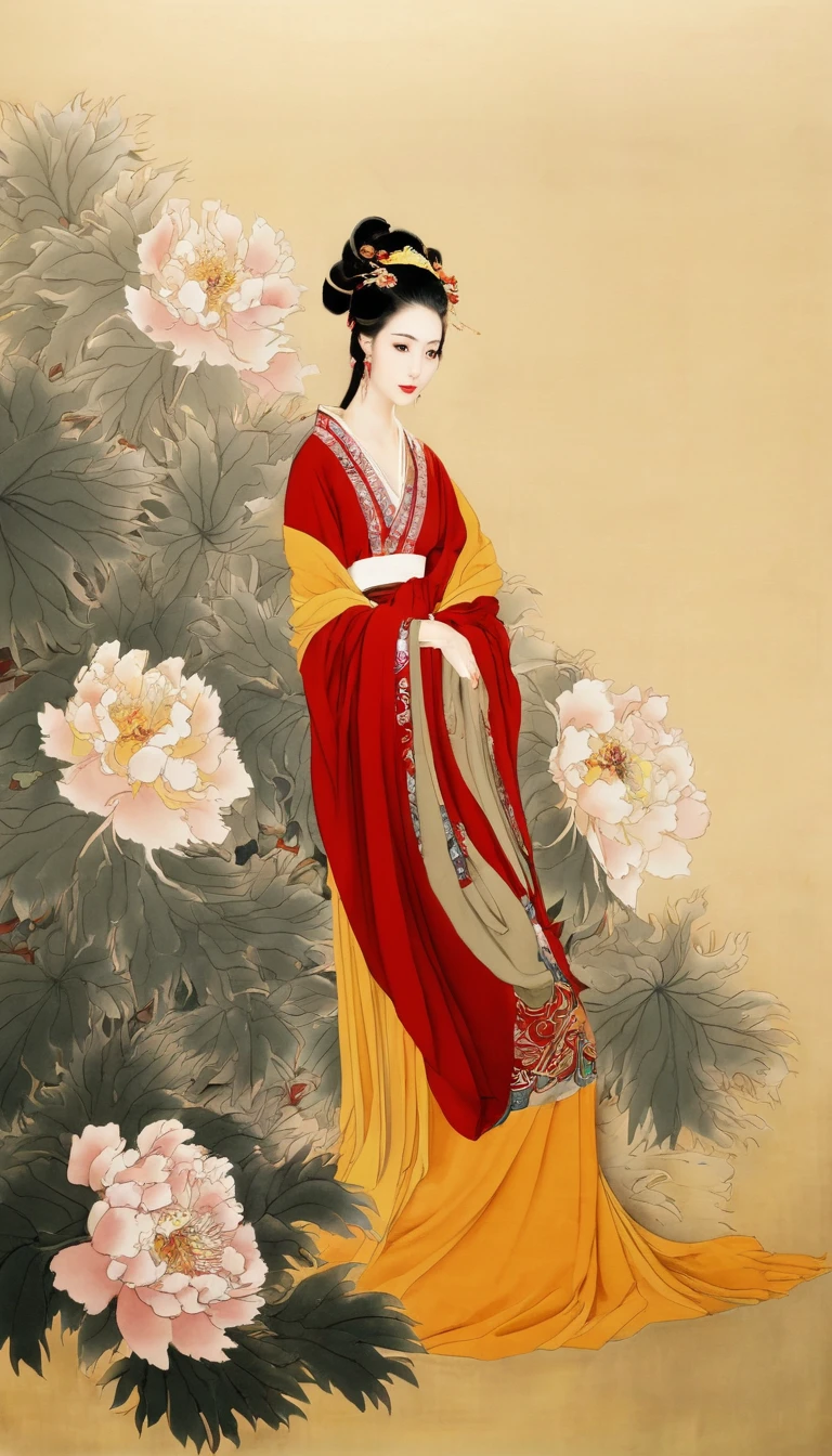 painting of a woman in a red and yellow dress and a yellow and red dress, ancient chinese beauties, ancient chinese princess, ancient asian dynasty princess, ancient china art style, chinese princess, ancient chinese goddess, traditional chinese painting, wearing ancient chinese clothes, palace ， a girl in hanfu, inspired by Qiu Ying, chinese style painting, chinese empress