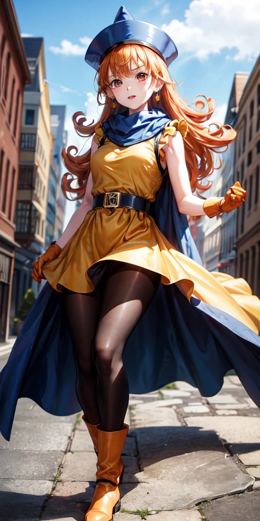 1girl,solo,dq4-alena,black pantyhose,blue cape,blue headwear,boots,curly hair,earrings,long hair,orange gloves,orange hair,red eyes,sleeveless,yellow dress,yellow skirt,dynamic pose,small breasts,(shiny,shiny dress:1.1)jumping,v-shaped eyebrows,fine weather, (masterpiece), (best quality), (ultra-detailed), intricate detail,, (masterpiece), (best quality), (ultra-detailed), intricate detail,