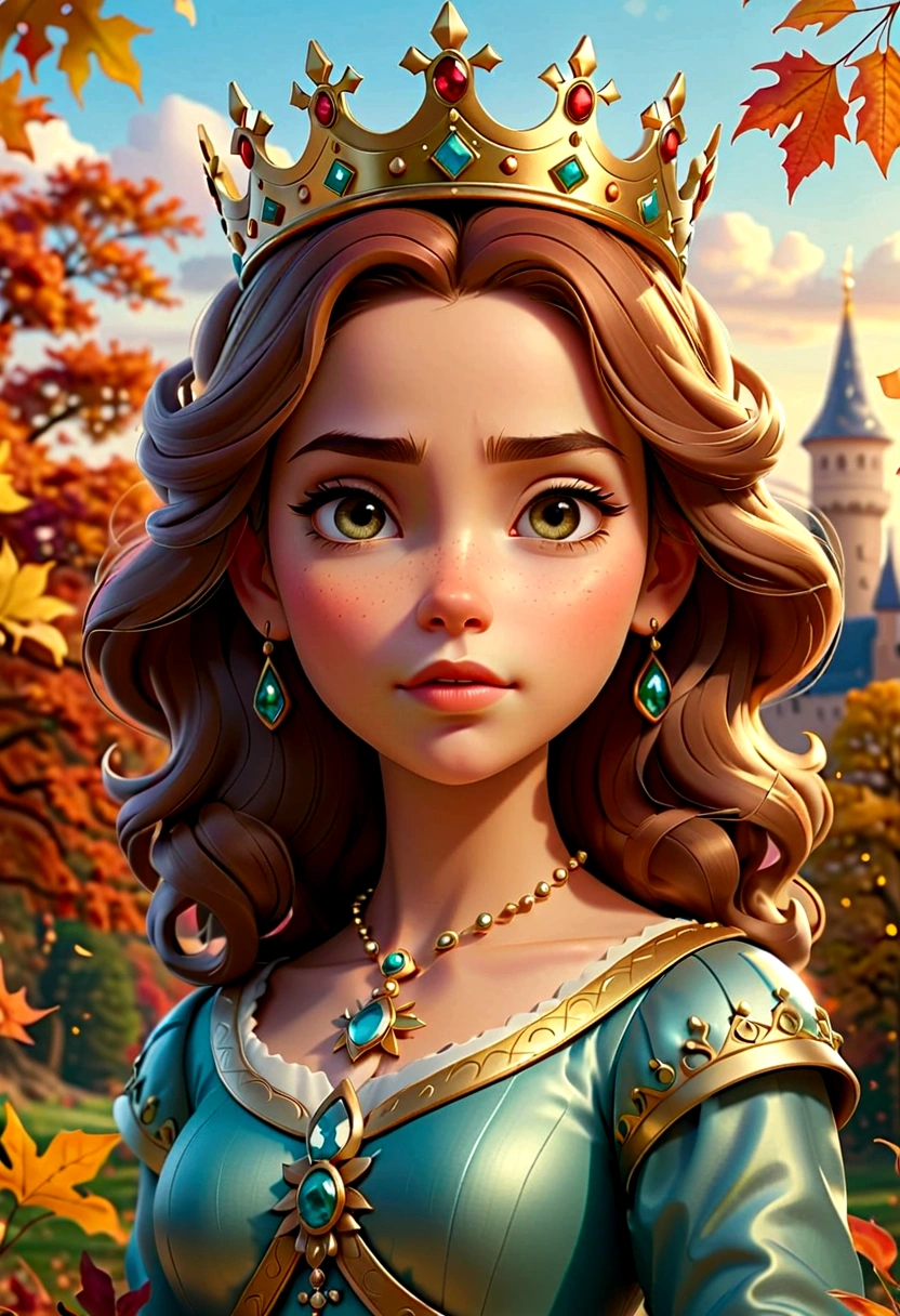 high quality, Ultra-detailed CG illustrations，Depicting a young queen with a serene expression, crown, Soft colors, Autumn time, The scenery behind is vast and breathtaking, Lead the audience into a wonderful and exploratory world.