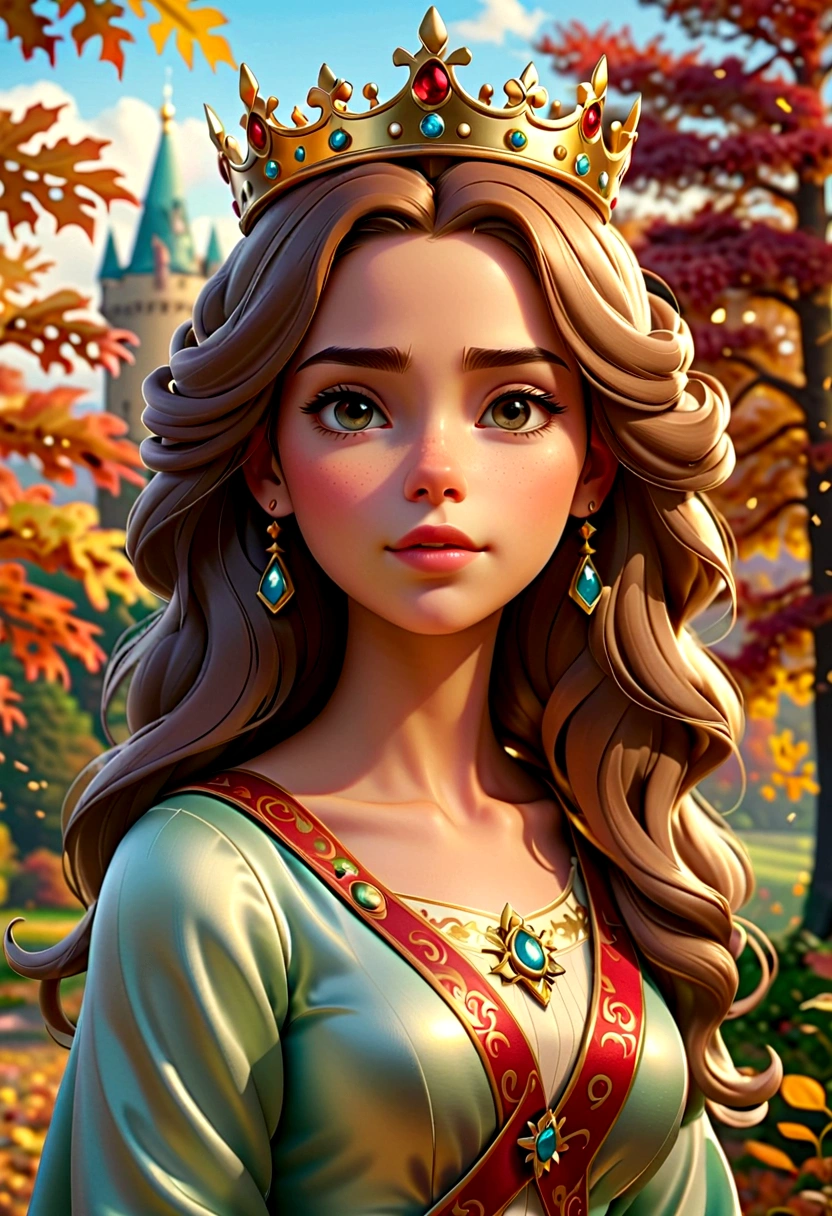 high quality, Ultra-detailed CG illustrations,Depicting a young queen with a serene expression, crown, Soft colors, Autumn time, The scenery behind is vast and breathtaking, Lead the audience into a wonderful and exploratory world.